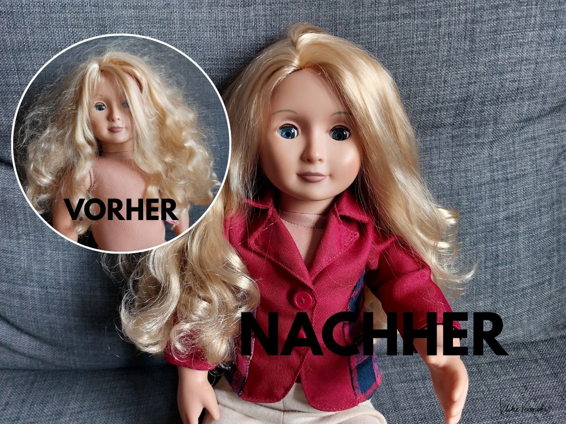Puppenhaare mit Conditioner waschen: Vorher und Nachher Ergebnis.