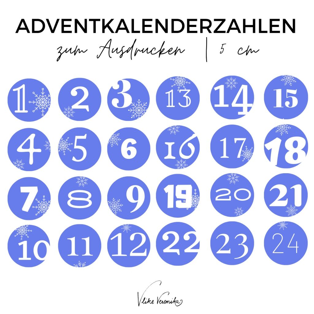 Adventkalenderzahlen zum Herunterladen, Ausdrucken und Basteln in Blau