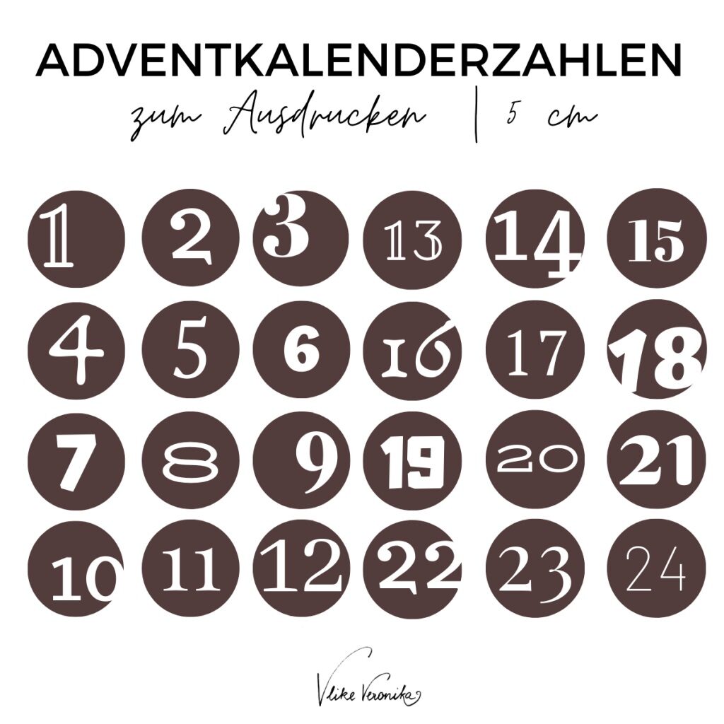 Adventskalenderzahlen zum Ausdrucken in Rostbraun