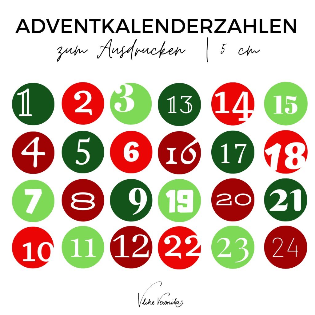 Adventkalenderzahlen zum Ausdrucken in Rot und Grün