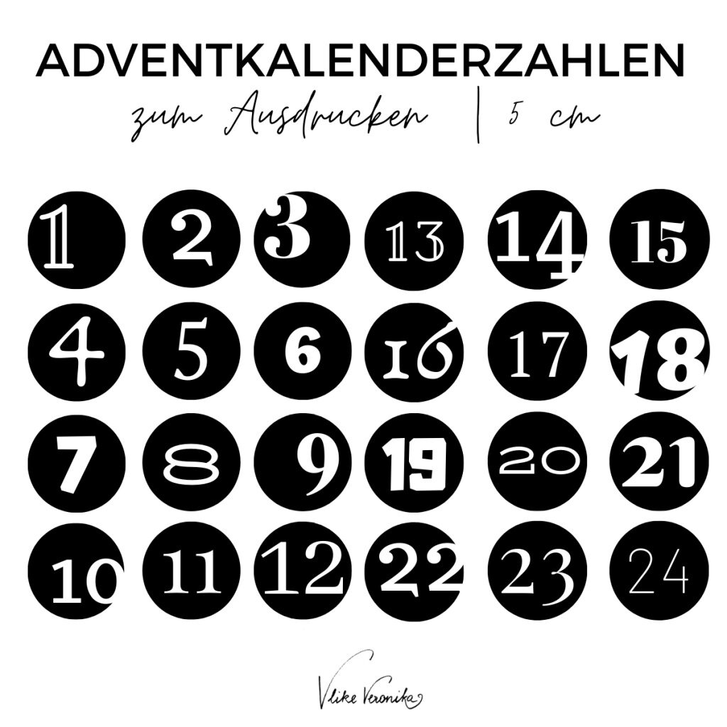 Adventskalenderzahlen zum Ausdrucken in Schwarz