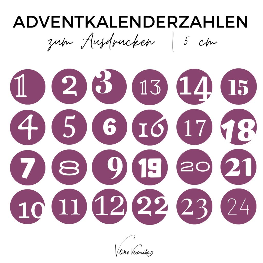 Adventkalenderzahlen in Violett zum Ausdrucken