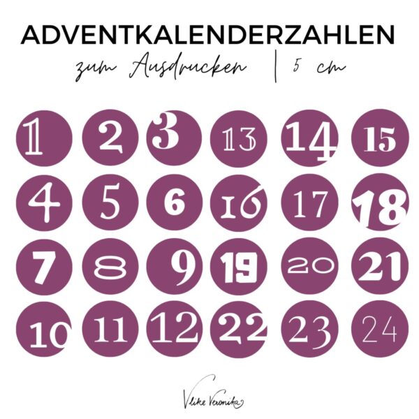 Adventkalenderzahlen in Violett zum Ausdrucken