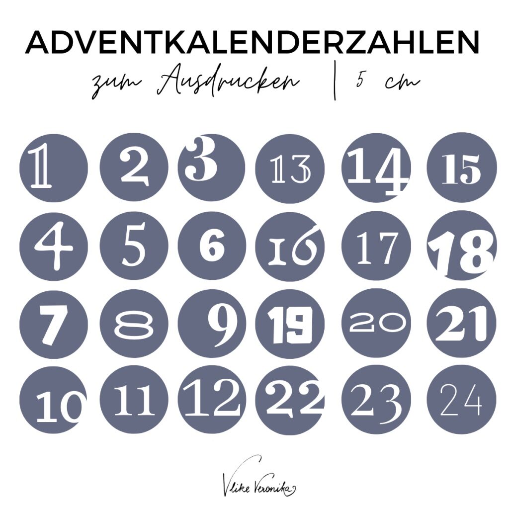 Adventskalenderzahlen zum Ausdrucken in Blaugrau