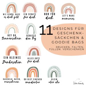 11 Goodie Bags im Regenbogendesign mit verschiedenen Sprüchen zum Verpacken von unförmigen Geschenken.