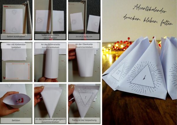 Schritt-für-Schritt-Anleitung für dreieckige Tüten aus einem A4 Papier bzw. A5 Papierbogen.