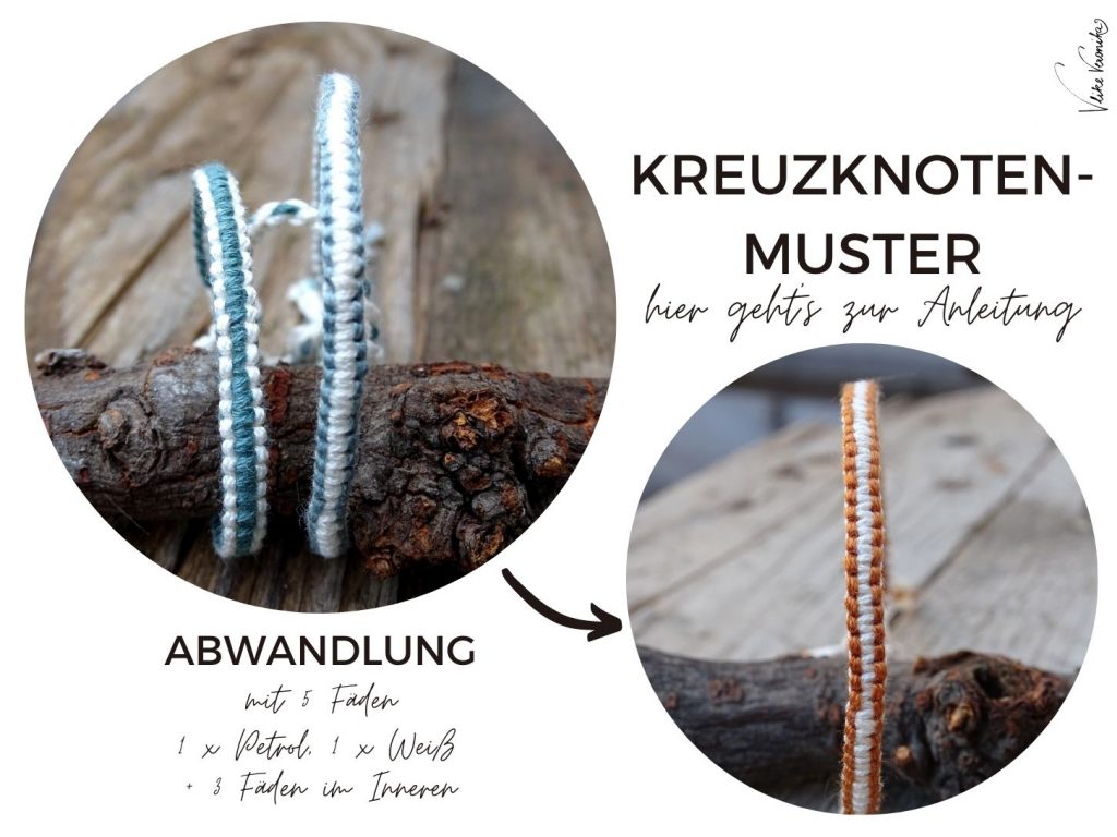 Der Kreuzknoten ist ein Muster für Makramee-Armbänder und macht tolle Muster in geknüpfte Freundschaftsbänder. Hier findest Du die Anleitung als pdf.