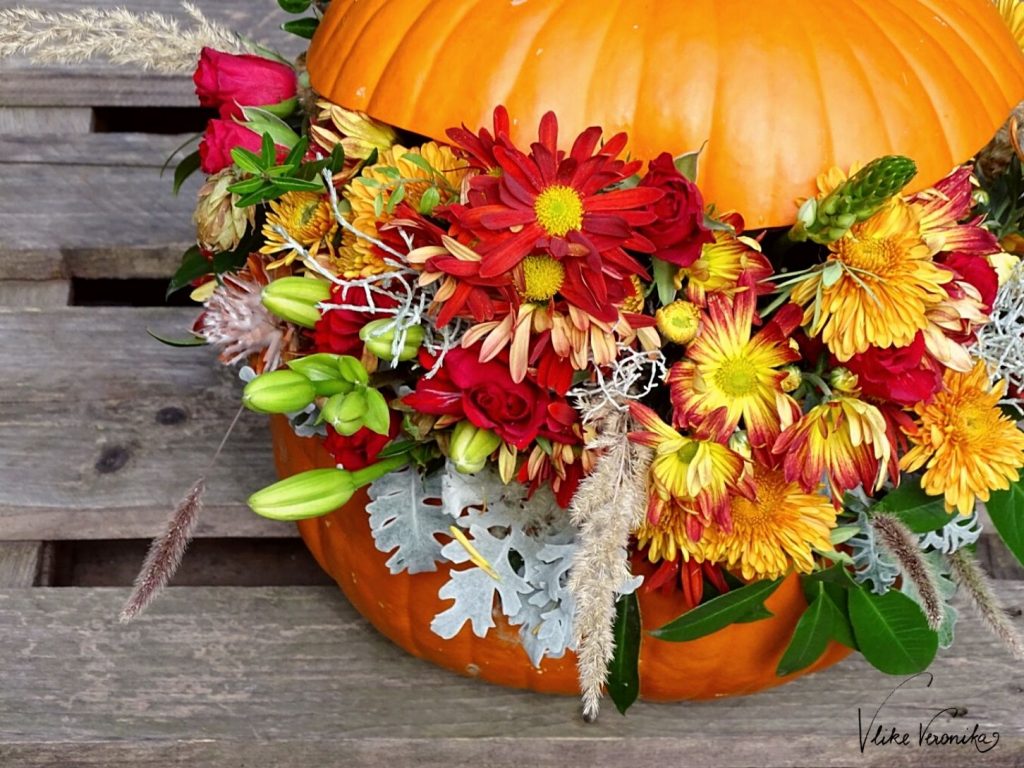 Einen Kürbis mit Blumen zu dekorieren ist eine schöne Alternative zum geschnitzen Halloween-Kürbis.