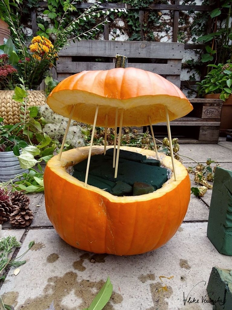 Pumpkin Art: Einen Kürbis mit Blumen zu dekorieren funktioniert mit einem Steckschwamm sehr gut