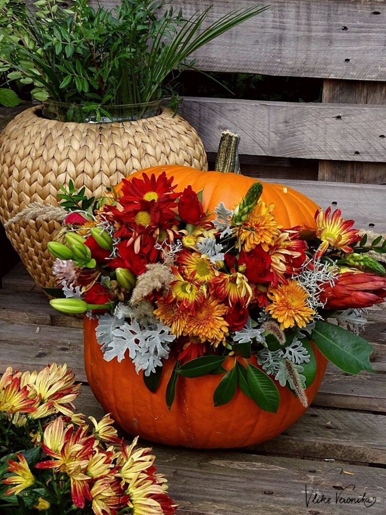 Orange, Rot, Grün und Blaugrau - die Farben für den Kürbis mit Blumendeko im Herbst.