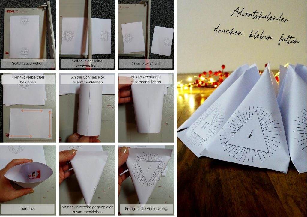 Dreieckige Adventskalendertüten aus Papier ausdrucken und falten.