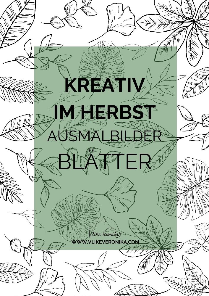 Vier Ausmalbilder für Kinder und Erwachsene für den Herbst mit Blättern: Ginkgo, Eiche, Farne