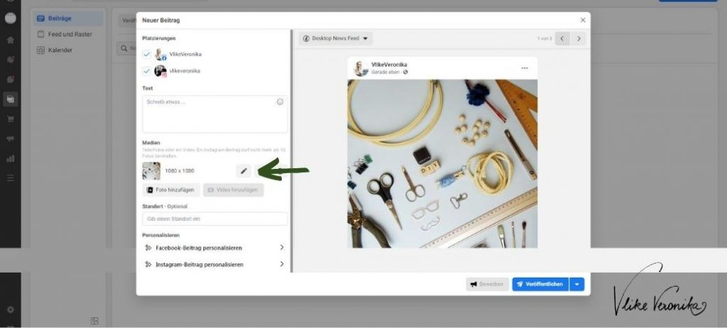 Bilder bearbeiten in der Facebook Business Suite.