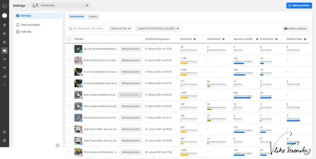 Auswertung von Facebook- und Instagram-Beiträgen über die Facebook-Statistiken.