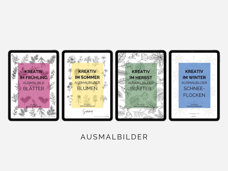 Ausmalbilder für alle Jahreszeiten für Kinder und Erwachsene mit Blumen und Blättern.