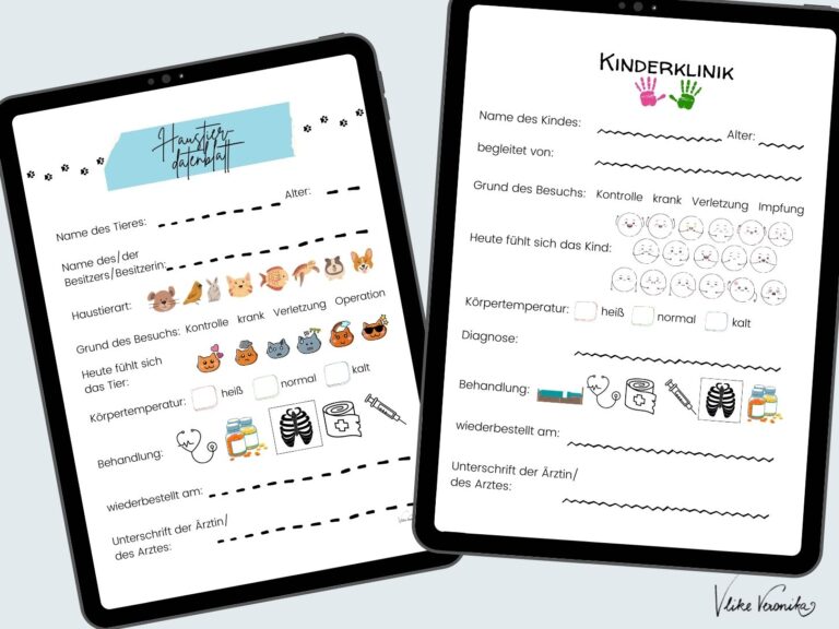 Kostenlose Spielvorlagen für Rollenspiele für Kinder: Tierarzt, Kinderarzt, Kleintierklinik und Kinderklinik zum gratis Download.