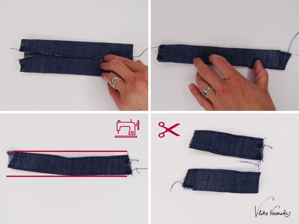 Die Schlaufen für den Turnbeutel aus alten Jeans kannst du aus Jeansresten nähen.