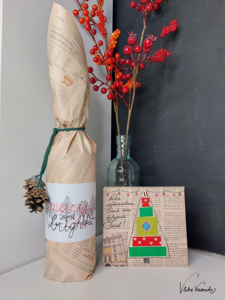 Verpacke Geschenke in Zeitungspapier mit Stempeltechnik, Washitape und Text.