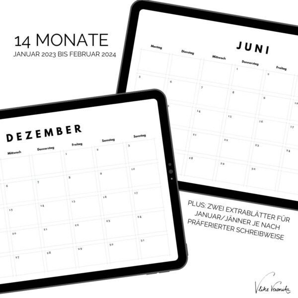 14 Kalenderblätter für 2023 und Jänner, Februar 2024