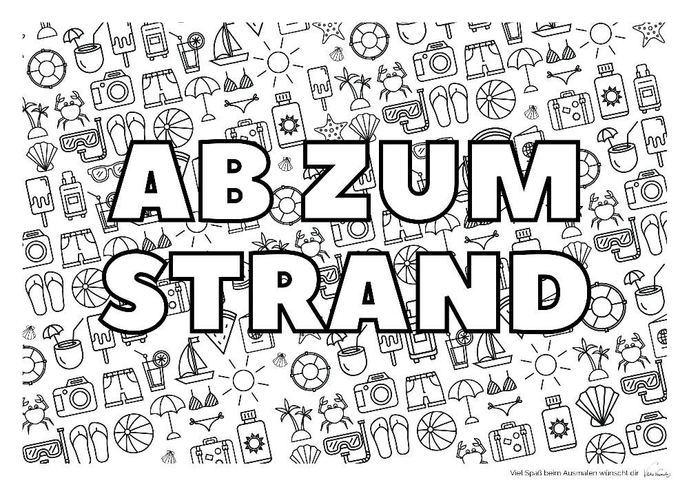 A4-Dokument mit Sommermotiven zum bunt Ausmalen mit und ohne "Ab zum Strand"-Text