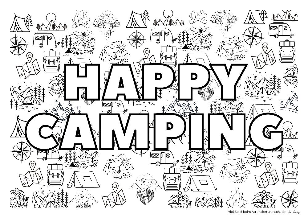 A4-Dokument mit Camping-Motiven zum bunt Ausmalen mit und ohne "Happy Camping"-Text