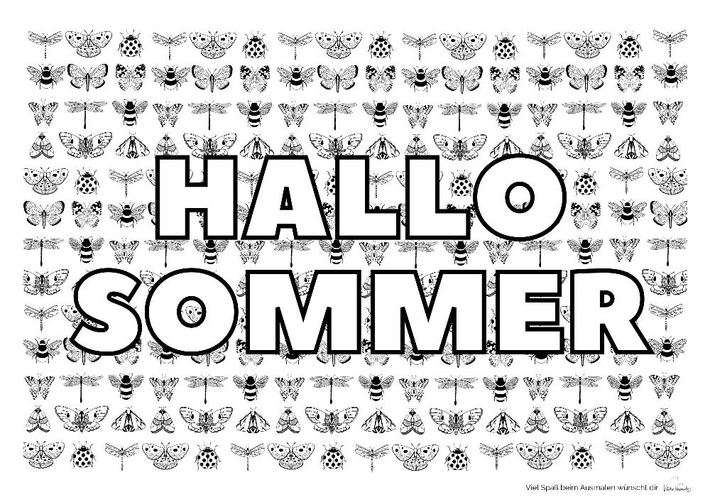 A4-Dokument mit Schmetterlingen, Bienen, Faltern und Libellen zum bunt Ausmalen mit und ohne "Hallo Sommer"-Text