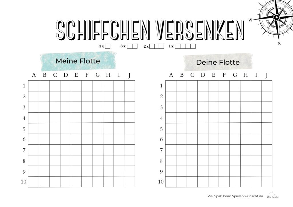 Spielvorlage für Schiffe versenken mit Link zur Spielanleitung, Punktvergabe und weiteren Spielvorlagen als PDF.