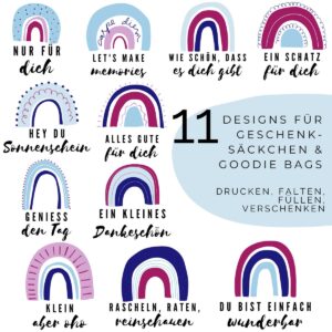 11 Goodie Bags mit blauen und violetten Regenbögen zum Selberbasteln und verschenken
