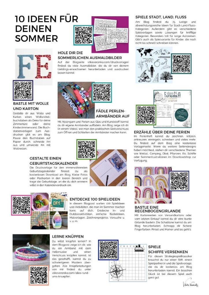 10 DIY-Ideen für die Sommerferien mit Anleitungen, Vorlagen und QR-Codes.