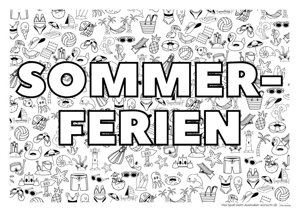 Das Ausmalbild für die Sommerferien inklusive großem Wimmelbild mit Strandmotiven.