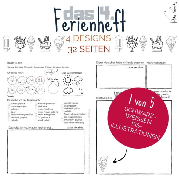 Im 4. Ferienheft zum Selbstgestalten gibt es 5 Illustrationen zum Thema Eis.