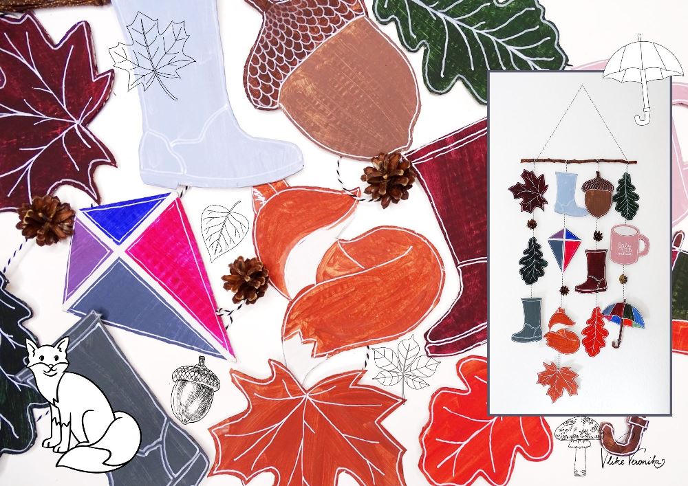 PDF-Vorlage mit herbstlichen Motiven für Girlanden und Mobiles aus Karton.