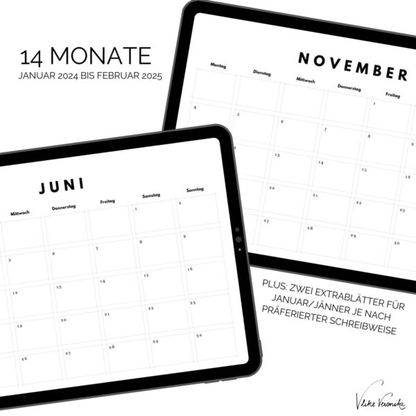 14 Kalenderblätter für 2024 und Jänner, Februar 2025