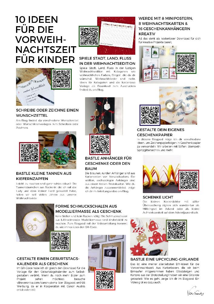 10 Ideen für die Vorweihnachtszeit für Kinder zum Basteln, Ausmalen, für Geschenke für Oma und Opa und mehr.