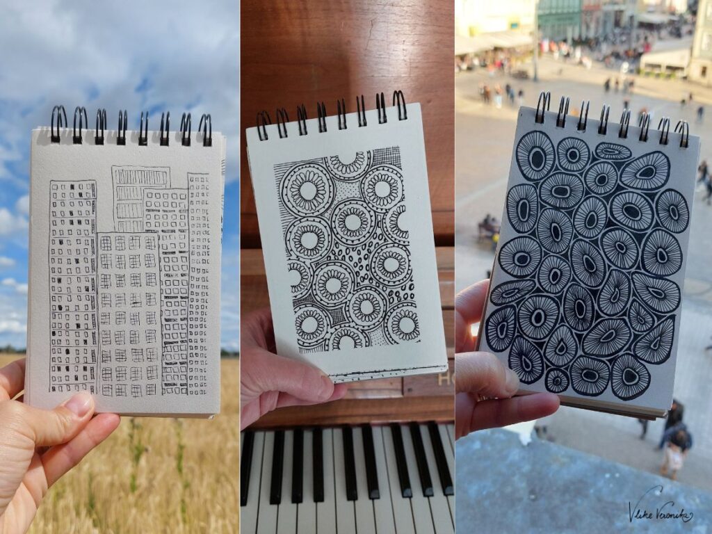 Zentangle, doodle und kritzle deine eigenen Bilder auf einem Kritzelblock.