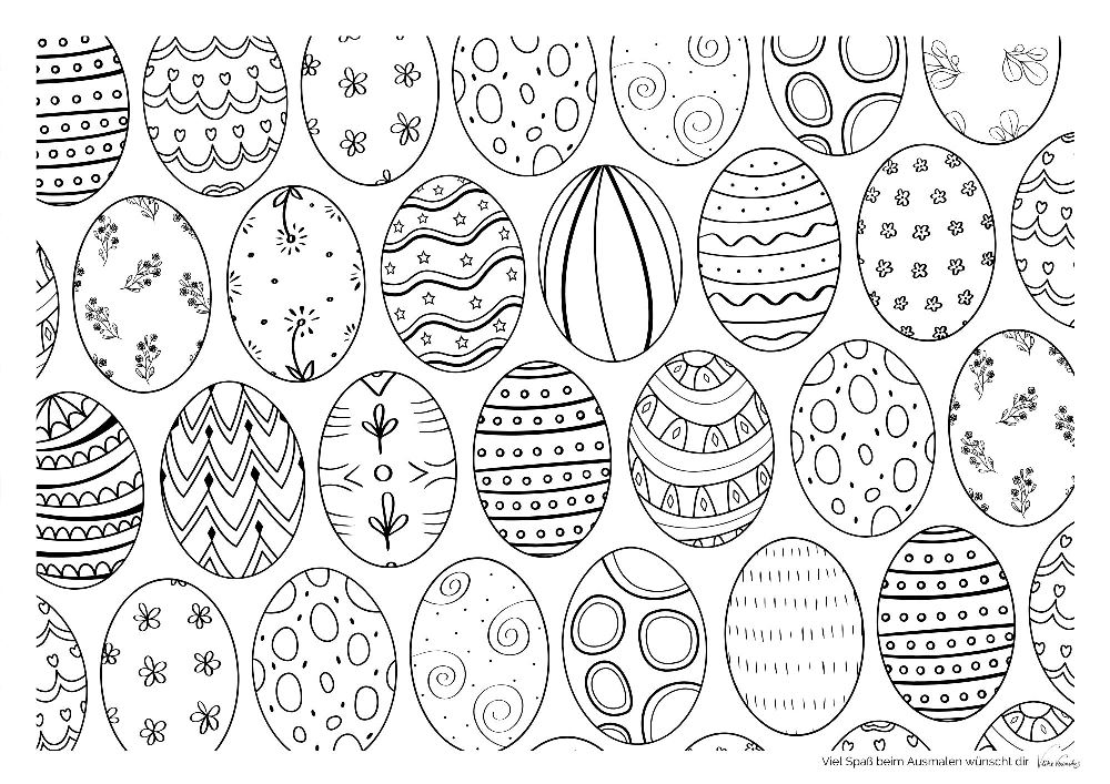 Ausmalbild für Ostern mit gemusterten Ostereiern in Schwarz und Weiß