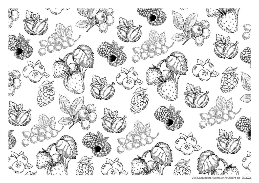Ausmalbild für Kinder und Erwachsene mit Beeren wie Himbeeren, Erdbeeren, Blaubeeren, Stachelbeeren, Johannisbeeren, Brombeeren und Moosbeeren.