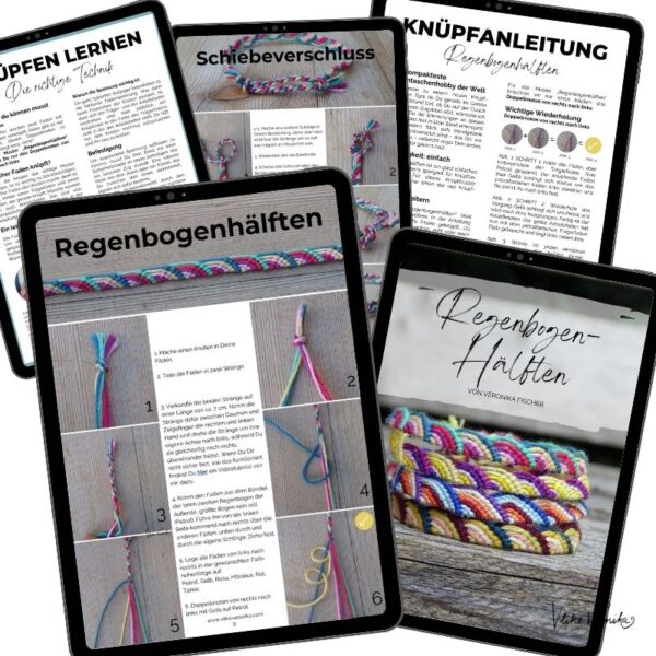 Hol dir die detaillierte Foto-Anleitung für das leichte Knüpfmuster Regenbogenhälften.