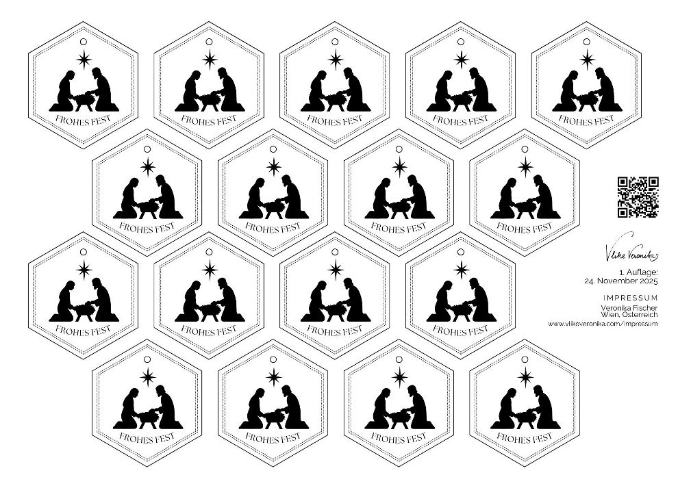 schwarz-weiße Geschenkanhänger in Hexagonform mit Krippen-Motiv zum Herunterladen und Ausdrucken