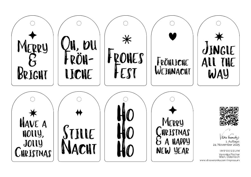 schwarz-weiße, moderne Geschenkanhänger mit schlichten Motiven zum Herunterladen und Ausdrucken