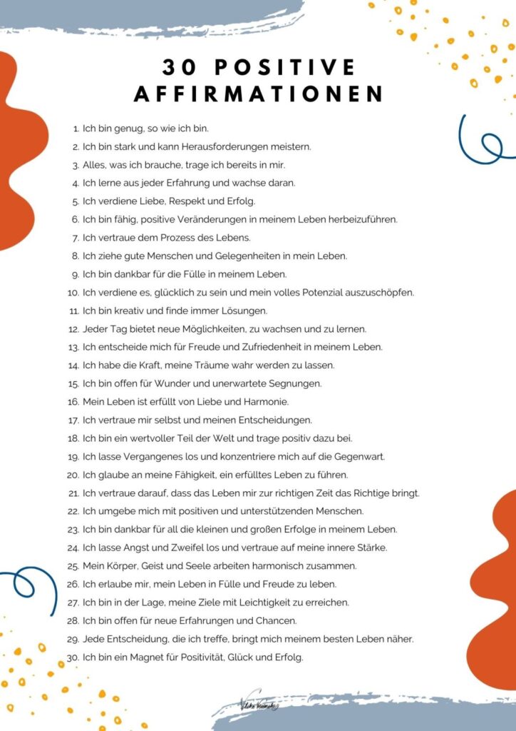 30 positive Affirmationen zum Herunterladen und Ausdrucken.