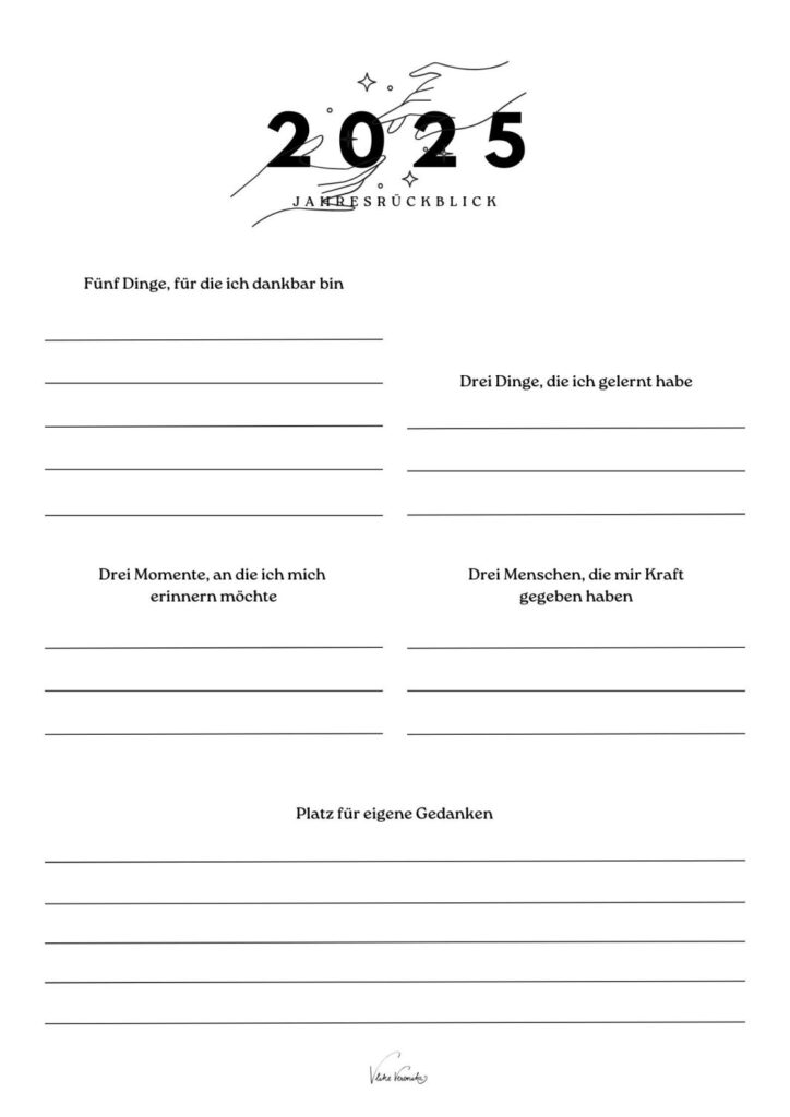 Nimm dir Zeit für deinen persönlichen Jahresrückblick für 2025 mit den kostenlosen Journal-Vorlagen von V like Veronika.