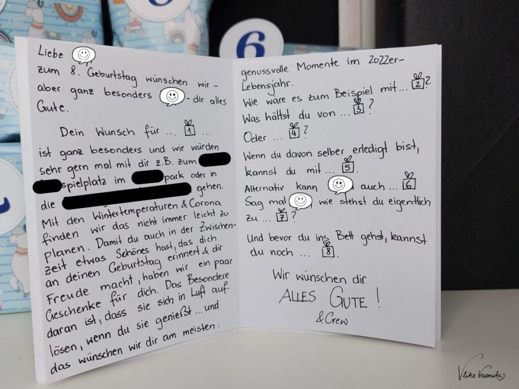 Die Erklärungskarte zum achtteiligen Geschenk.